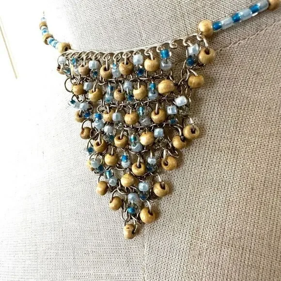Blue and tan beaded choker necklace - Picture 2 of 7